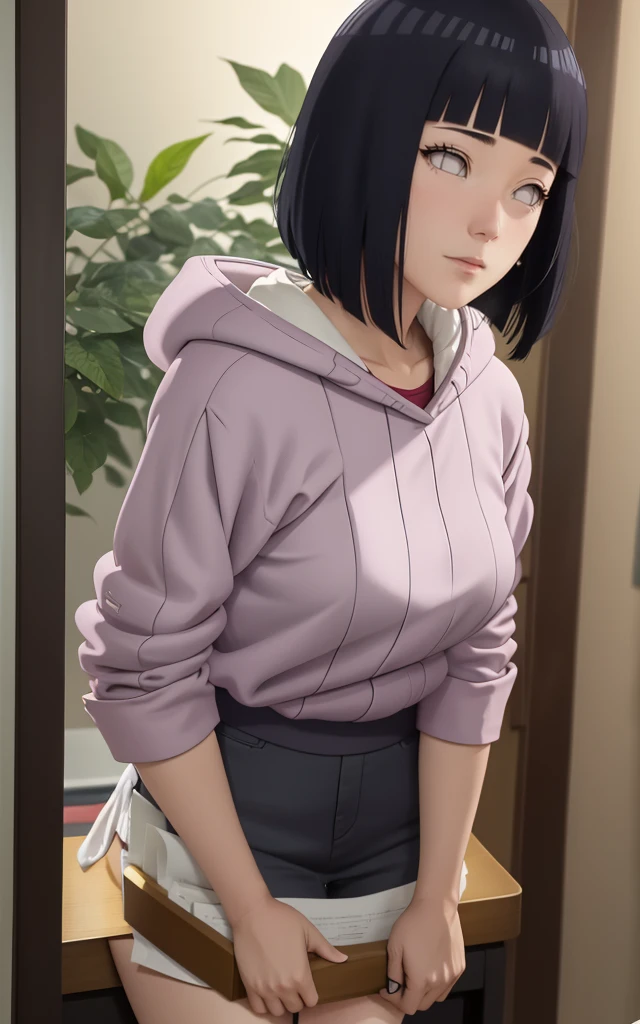 main part, absurdities, Hinata\(Boruto\), 1 girl, One,mature woman, Purple hood,multi-layer sleeves, short jeans, on open air, cloudy sky, perfect composition, indirect lips, big chest, Beautiful face, body proportions, blush, (pink lips), short black hair (black fur), Lilac eyes, Sleek appearance, super realistic, detailed, photoshoot, realistic face and body, realistic hair, realistic eyes, realistic nose, Realistic lips, brown jeans, inspired, dances easily. on the back, with chin under shoulder, looking back sensually, sorriso sexual, closed mouth. different pose, sexual.