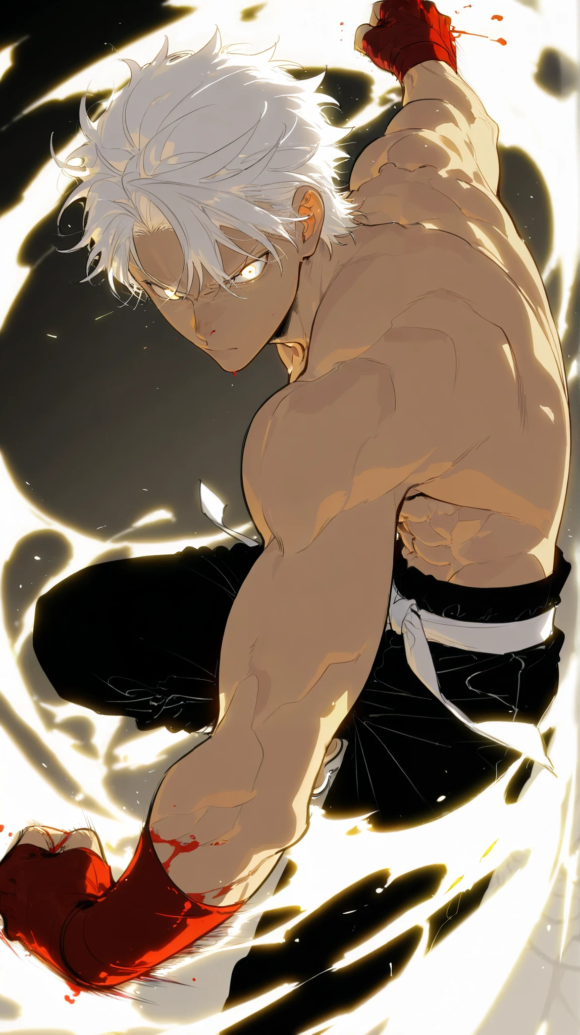 Handsome, Athletic, alone, male, Short spicky hair, long white hair, black yellow eye, no shirt, black pants, , intricate sketch, expressive eyes nose and mouth, Abs, simple pose, clench fist, martial art stance, blood on his fists , perfect Anatomy