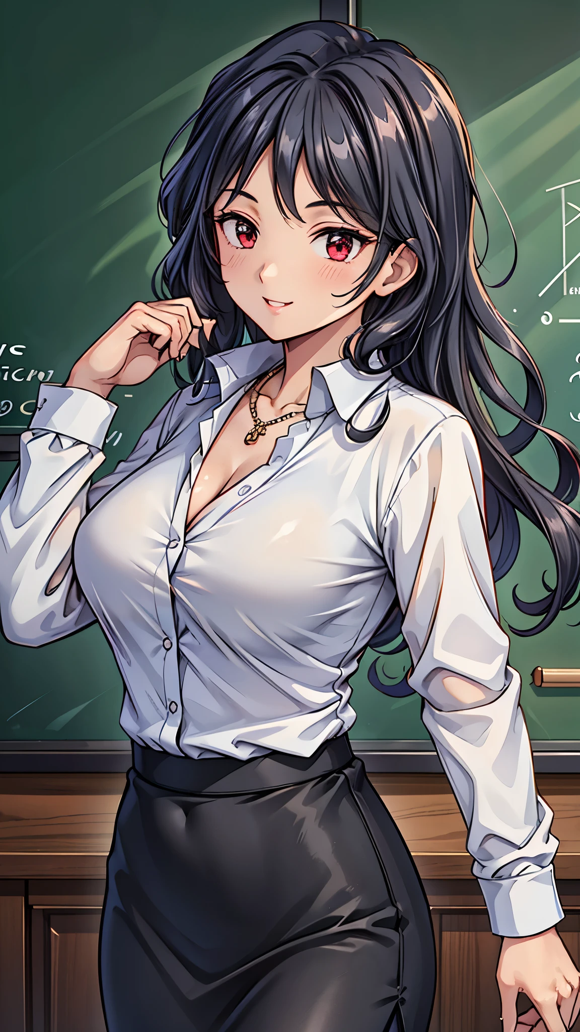 （super quality,super high resolution,16k,Super Masterpiece,Ultra HD ,detailed shading and background,）Sexy Female Teacher ,long black hair,long sleeve white shirt,The Valley of the Chest,necklace,black pencil skirt,cover,smile,in front of the blackboard,