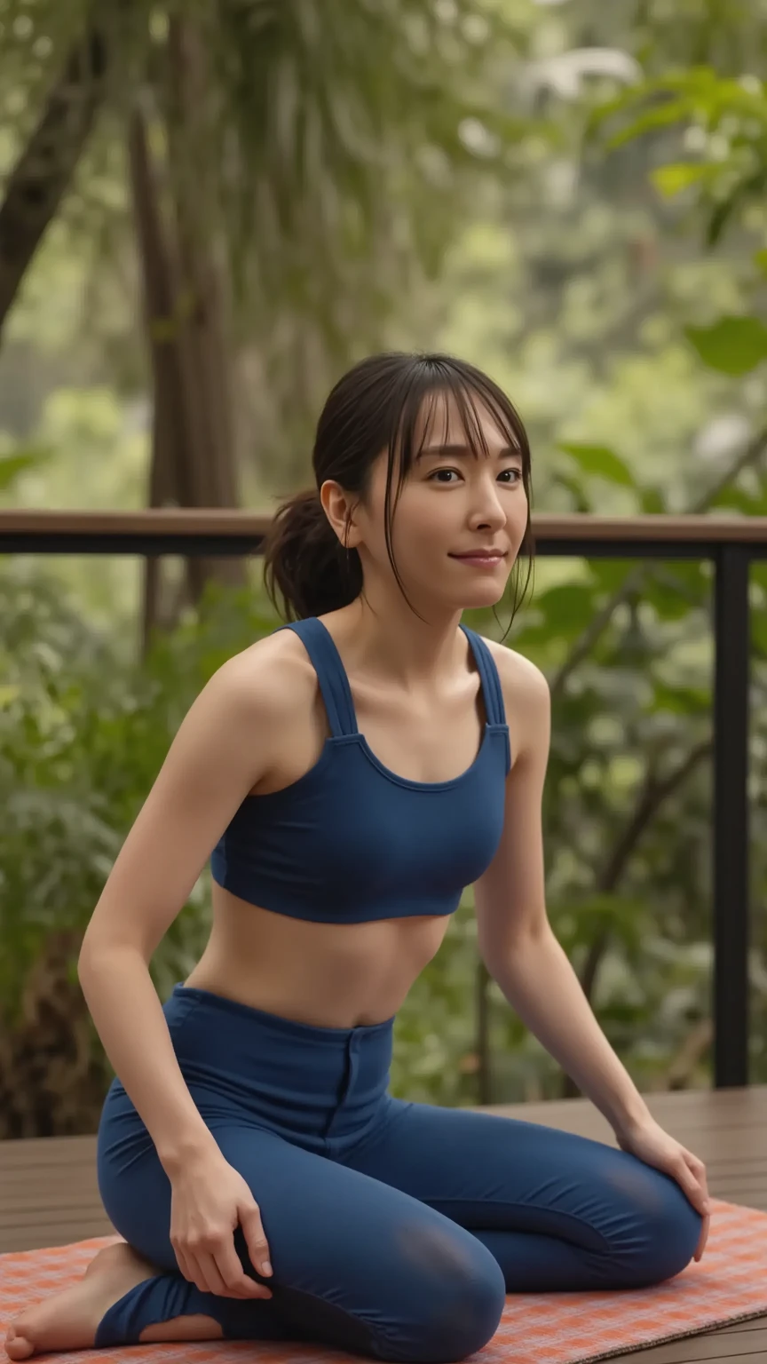 A Japan woman in her 40s with plump breasts and a bright smile. Gym, Yoga, Sports Bra --auto --s2