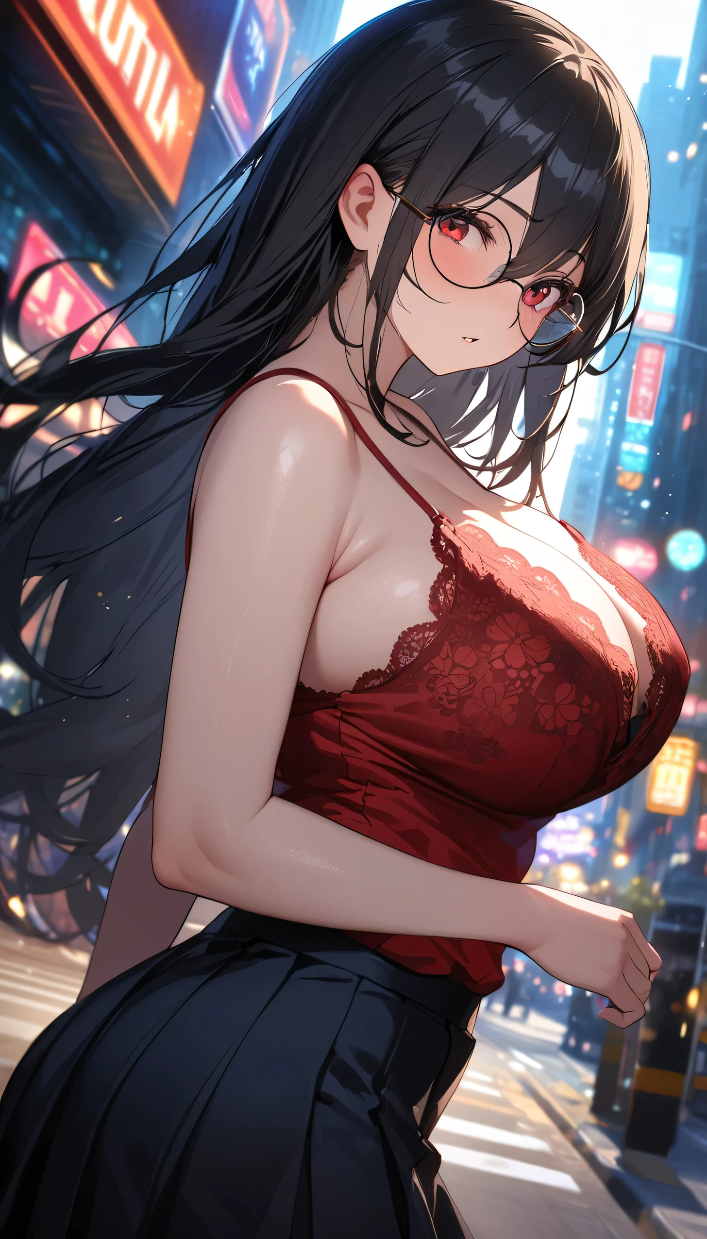 masterpiece, best quality, shadows, dynamic angle, front view, perfect hands, perfect legs, perfect anatomy, pretty face, mature features, 1 girl, 21 years old, mature woman, sexy red dress, city night background, white long hair, thighs, ass, breast, seductive, spicy, posing, cinematography lights,