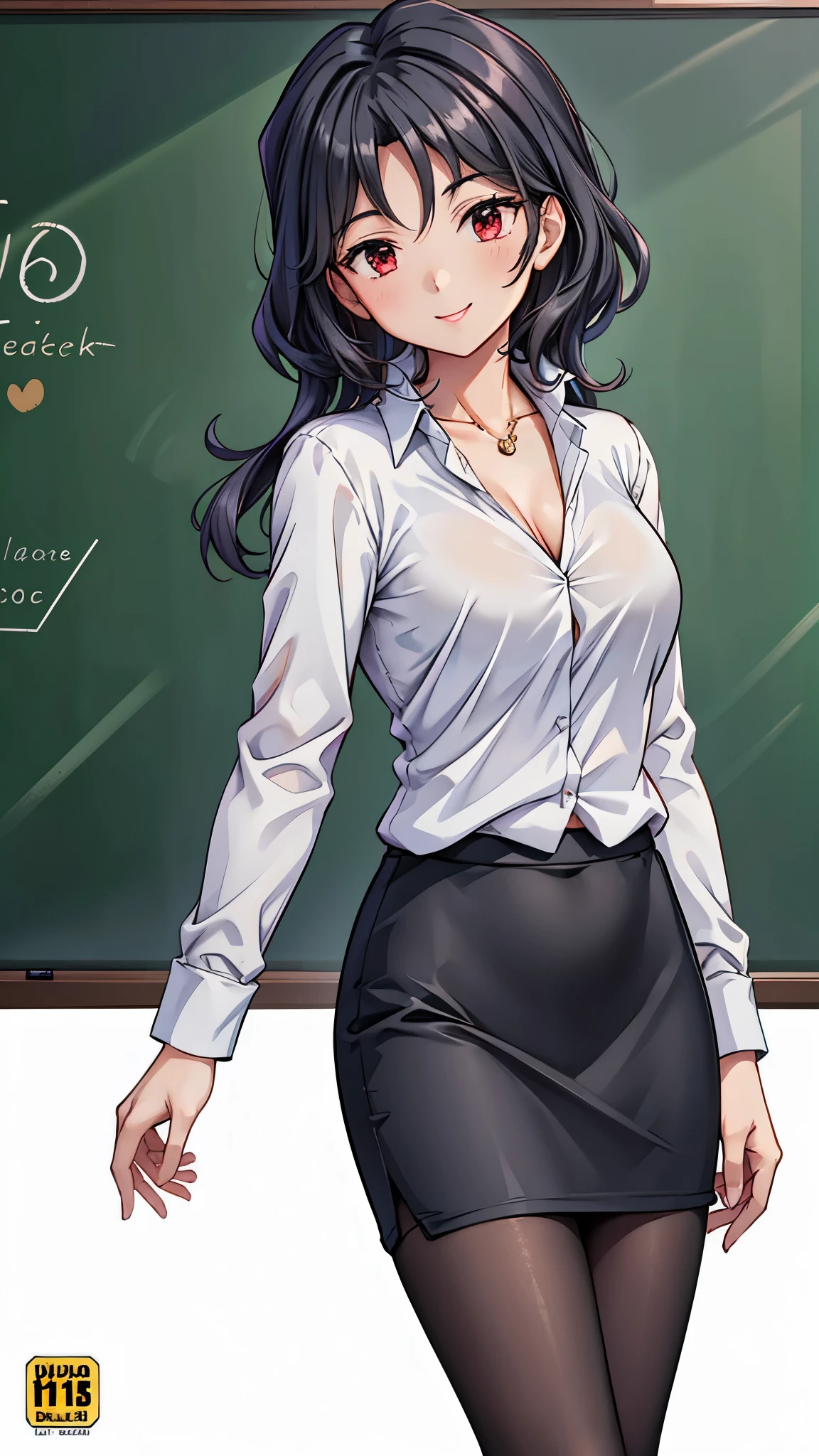 (super quality,super high resolution,16k,Super Masterpiece,Ultra HD ,detailed shading and background,)Sexy Female Teacher ,long black hair,long sleeve white shirt,The Valley of the Chest,necklace,black pencil skirt,cover,smile,in front of the blackboard,