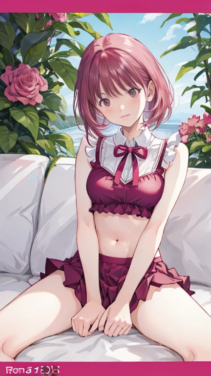 masterpiece, top-quality, Hi-Res, 1girl in, 独奏, Pink skirt,White panty、Open her legs、Bikini Top, Beautiful ass、shorth hair, Ahoge, black thigh, red hairs, a purple eye, purple color hair, sunflowers, frowned, Slouched,