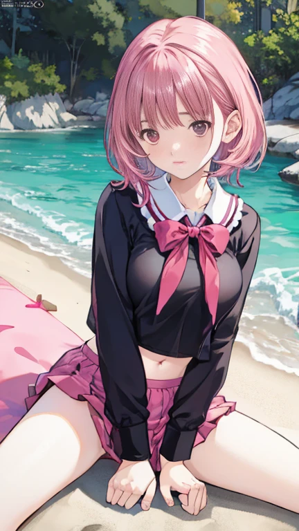 Pink Hair　Short ponytail　Red Eyes　beautiful girl　profile　blue sea　White sand beach　Light of the sun　smile