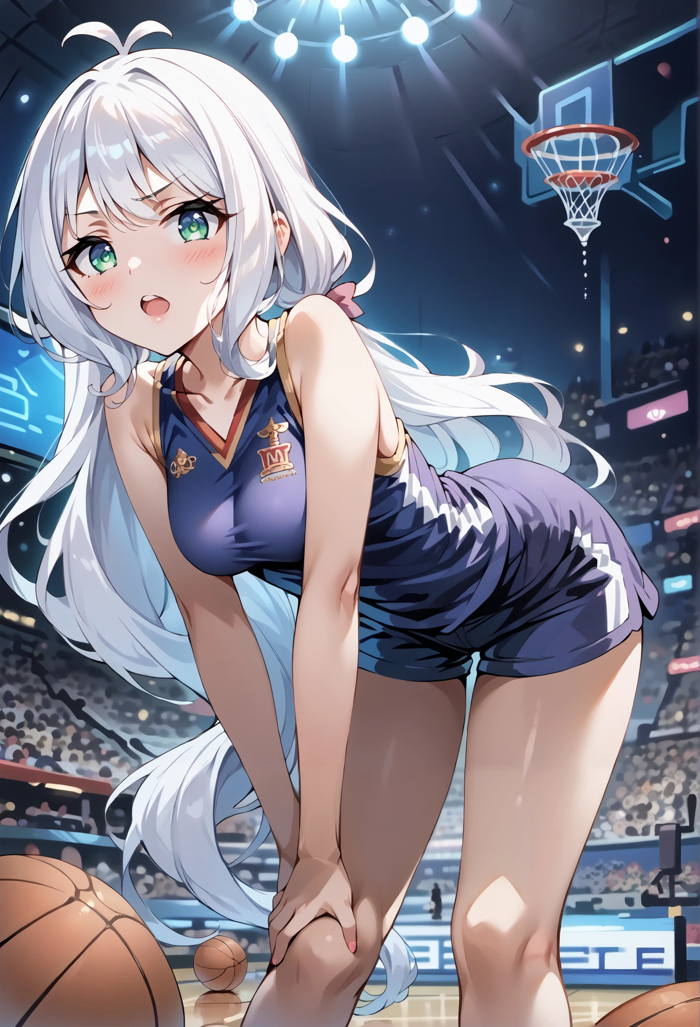 score_9, score_8_up, score_7_up, source_anime, 4K,perfect fingers,(perfect hands, perfect anatomy),prefect lighting, very aesthetic, intricate details,highly detailed background, masterpiece, high quality, best quality, high resolution,  
1 girl,solo,Kokoro（Princess Connect, White Hair, large breast,,
wearing ((basketball uniform, basketball jersery, sportswear, jersey, shorts, sleeveless, )) ,,
looking at viewer, ultra-detailed eyes, open mouth, mildly annoyed face, tilted head, Background image of a basketball court, ((no basketball:1.6)), ((Not Holding a BasketBall:1.5)), low angle, ((leaning forward:1.5)), 
