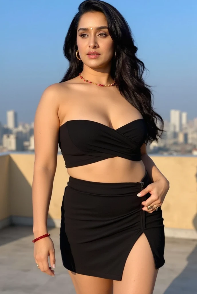 lovely mrunal thakur wearing crochet, big city girl, cute, an Instagram model, long black_hair, colorful hair, hot, dacing, wear sleeveless black top crochet revealing deep cleavage, high split skirt,Indian, navel