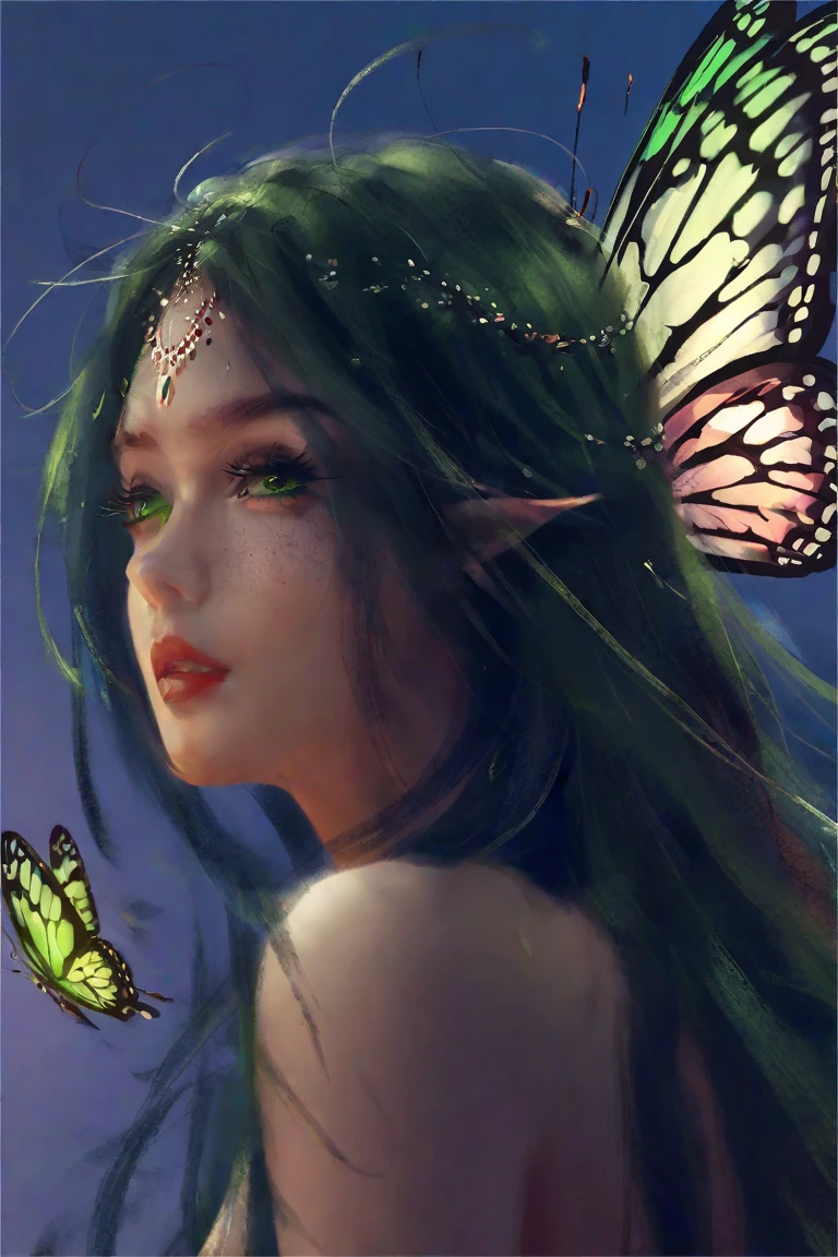 wgz style,portrait of a beautiful women highly ,green yees,back hair ,beauty,butterfly in hair