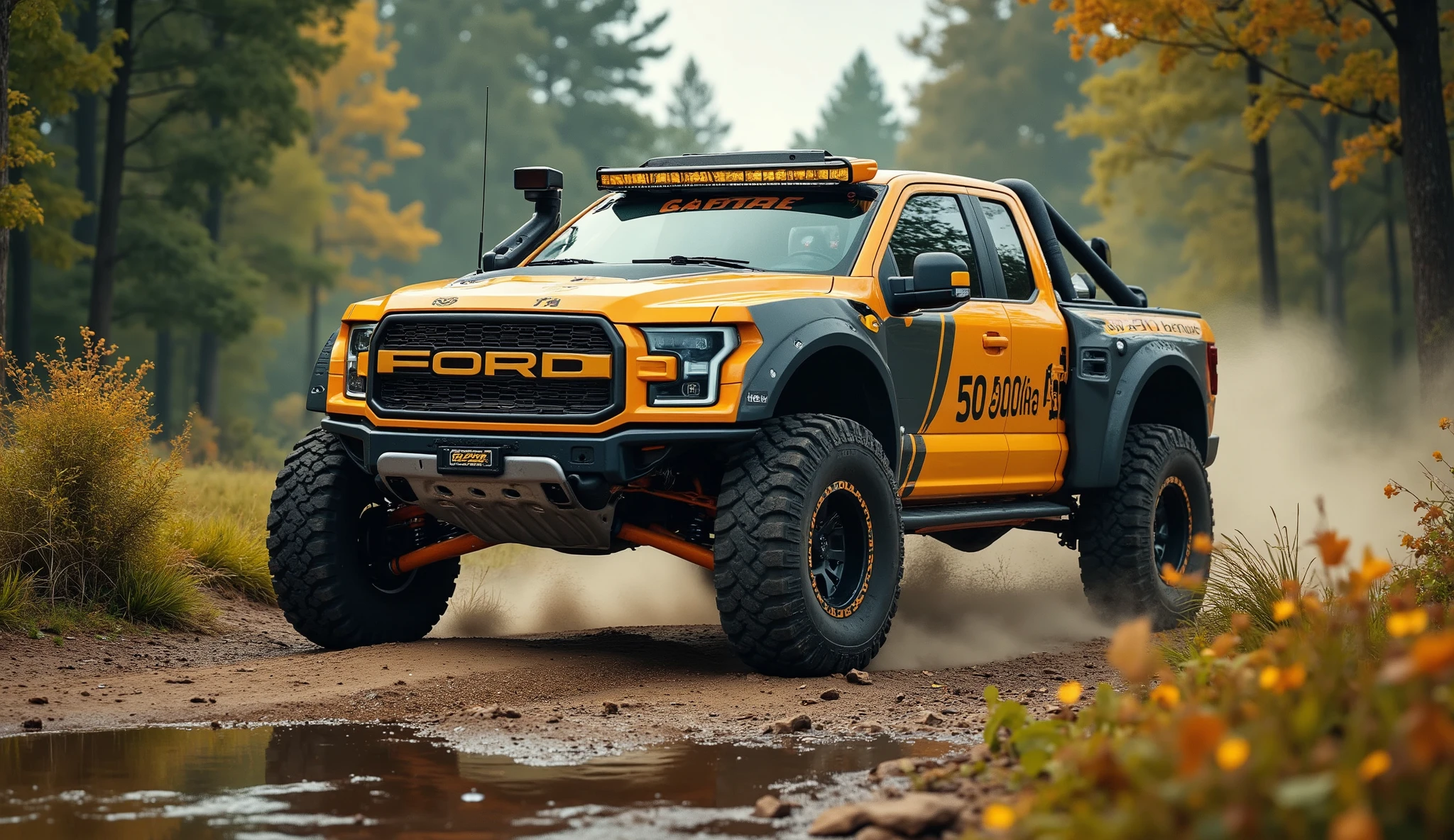 vibrant and hyper-realistic with 2025 FORD Raptor T1+ Stylized like Dakar racing car on the big wheel, Amazon jungle. The image is captured with a Nikon Z7 II camera using a NIKKOR Z 24-70mm f/2.8 S lens, with an aperture of f/5.6, ISO 200, and a shutter speed of 1/250 sec + 8k + details + Cinematic + Color Grading + hyper-detailed + beautifully colour-coded + insane details + intricate details + beautifully color graded + Unreal Engine, Cinematic + Colour Grading + Editorial Photography + Photography