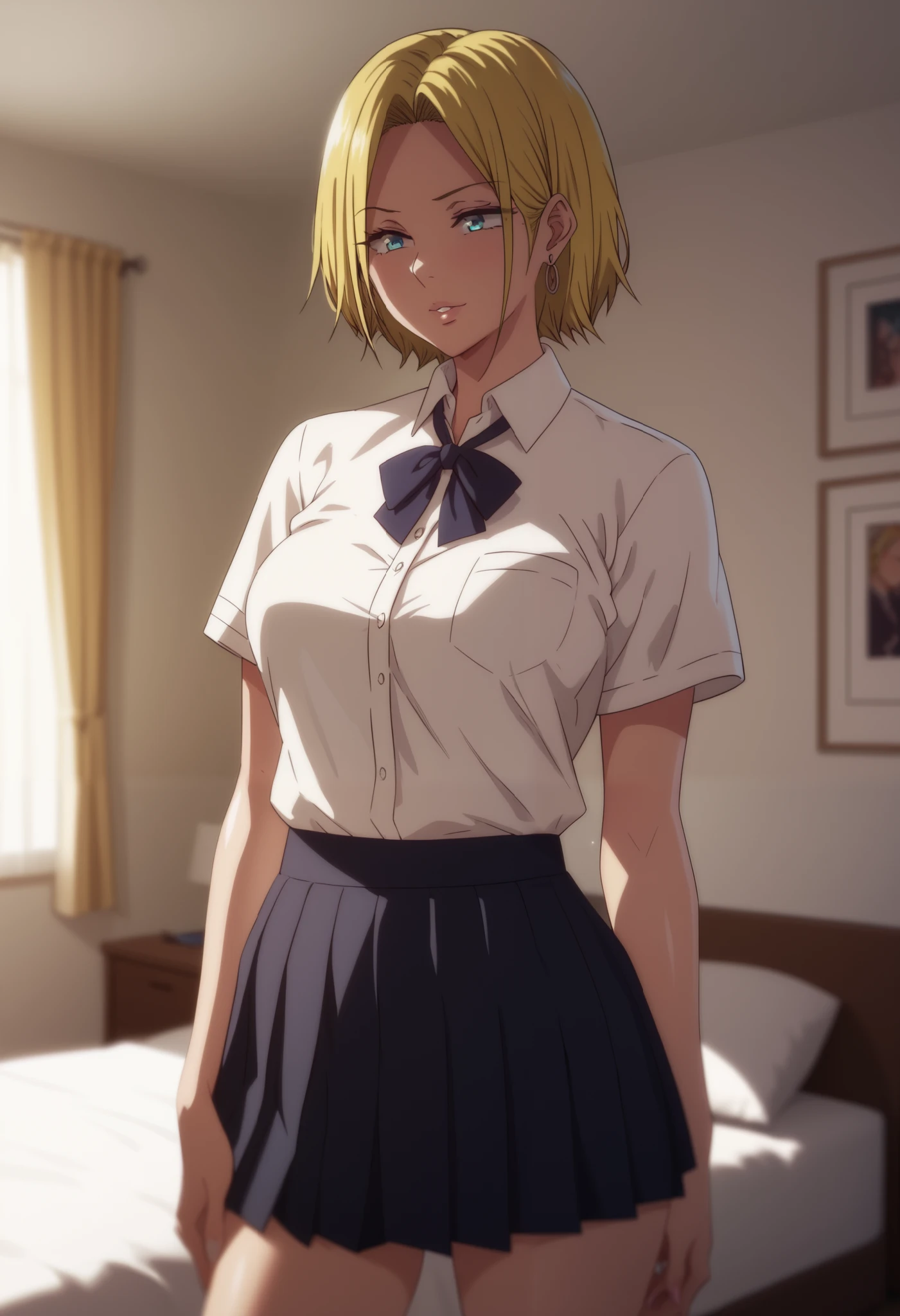 Masterpiece, 8k quality, extremely detailed, Reina Hamazaki, short hair, blonde hair, earrings, blue eyes, bedroom, medium breasts, standing, bright lighting, school uniform, short skirt
