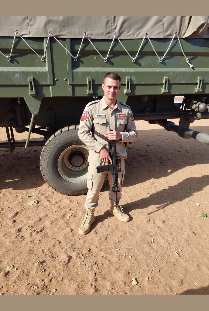 homem comum usando roupas normais em frente a um tanque de guerra retrato