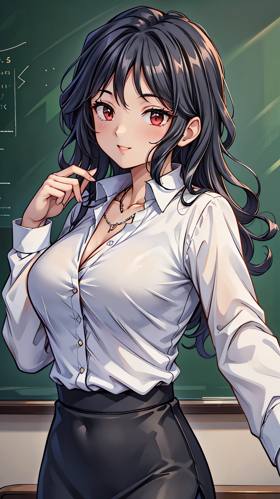 (super quality,super high resolution,16k,Super Masterpiece,Ultra HD ,detailed shading and background,) upper body shot from below,Sexy Female Teacher ,long black hair,long sleeve white shirt,The Valley of the Chest,necklace,black pencil skirt,cover,smile,in front of the blackboard,