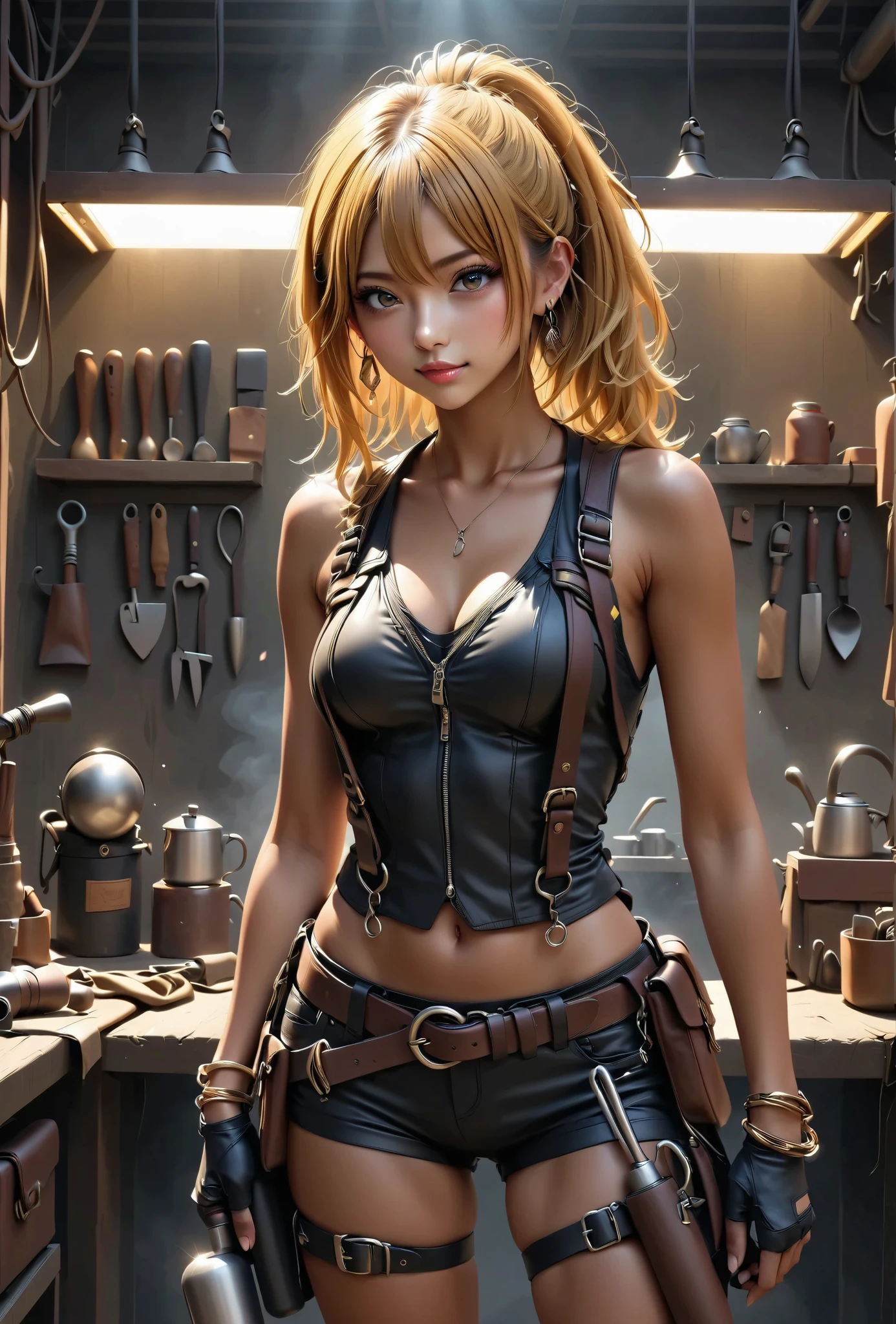 ( Ouka-chan)beauty ponytail BLONDE brown skin Black Skin flirtatious attitude evil expression smile looks at you melancholy mood earrings bracelet、 standing 、Tanned Leather Tool Belt Equipped with Lots of Tools Full Harness、Welder、While welding