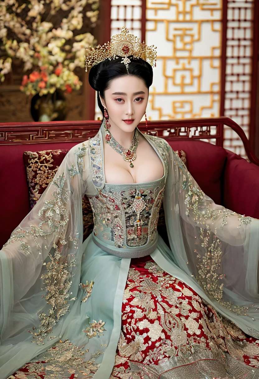 In the Qing Dynasty palace、Her breasts are large and her legs are spread wide、Open your legs(Porn Pose)、a golden throne with dragon embroidery, a sofa, and a hair style、She is shown in profile wearing a gorgeous Chinese empress's headdress.。The setting is the palace of the Empress, located within the imperial palace of Qing Dynasty China