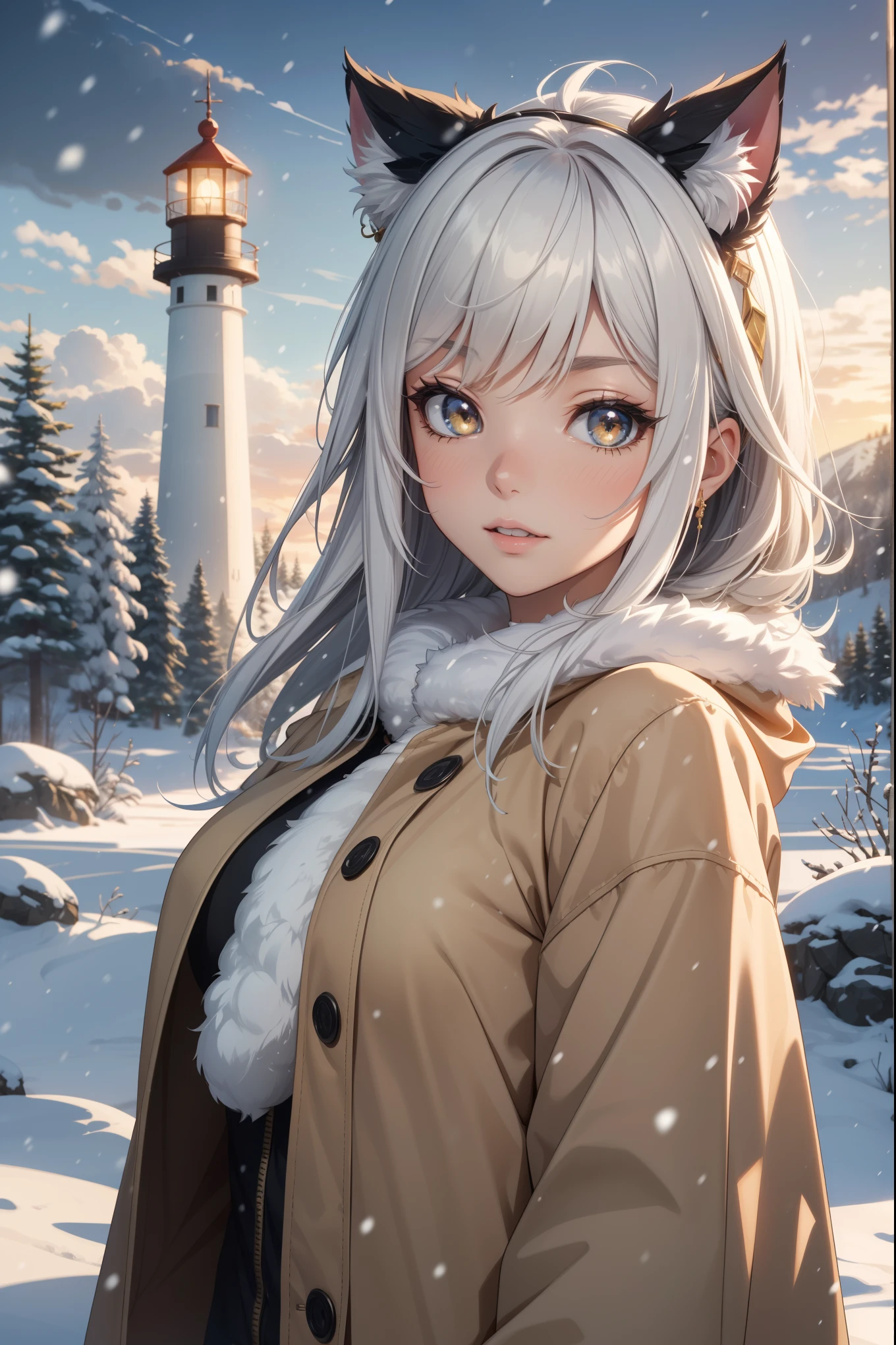 extreme quality, cg, detailed face+eyes, (bright colors), (anime), 1girl, impact, (winter), blizzard, time stop, sci fi, (tribal cat), (eskimo), animal ear fluff, fur trim, clouds, tan skin, (feather headdress), masterpiece, top tier, extravagant, 8k, unity wallpaper, unreal engine 5, ray tracing, 8k, cinematic, varied depth of field, octane render, elegant, tone mapping, hyper focus, parted lips, upperbody, (black), dappled sunlight, (snowing), nature, winter coat, upper body, (morning glow), lighthouse, gold eyes, horizon, picturesque scenery, mountain, forest, looking at viewer, (tundra)