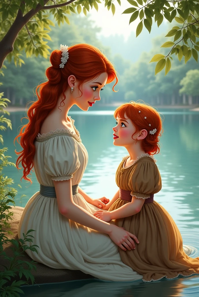 The queen with red hair was sitting on the garden bench when Princess Clarissa with red hair touched her shoulder