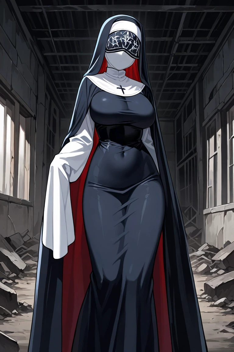 1girl, nun, cross, cross necklacke, jewelry, (black hair), (turquoise bangs), very short hair, hair over eyes, pale skin, yellow eyes, glowing eyes, black dress, house, corridor, evil smile, blood on mouth, very huge belly, horror scene, (masterpiece), best quality, full body