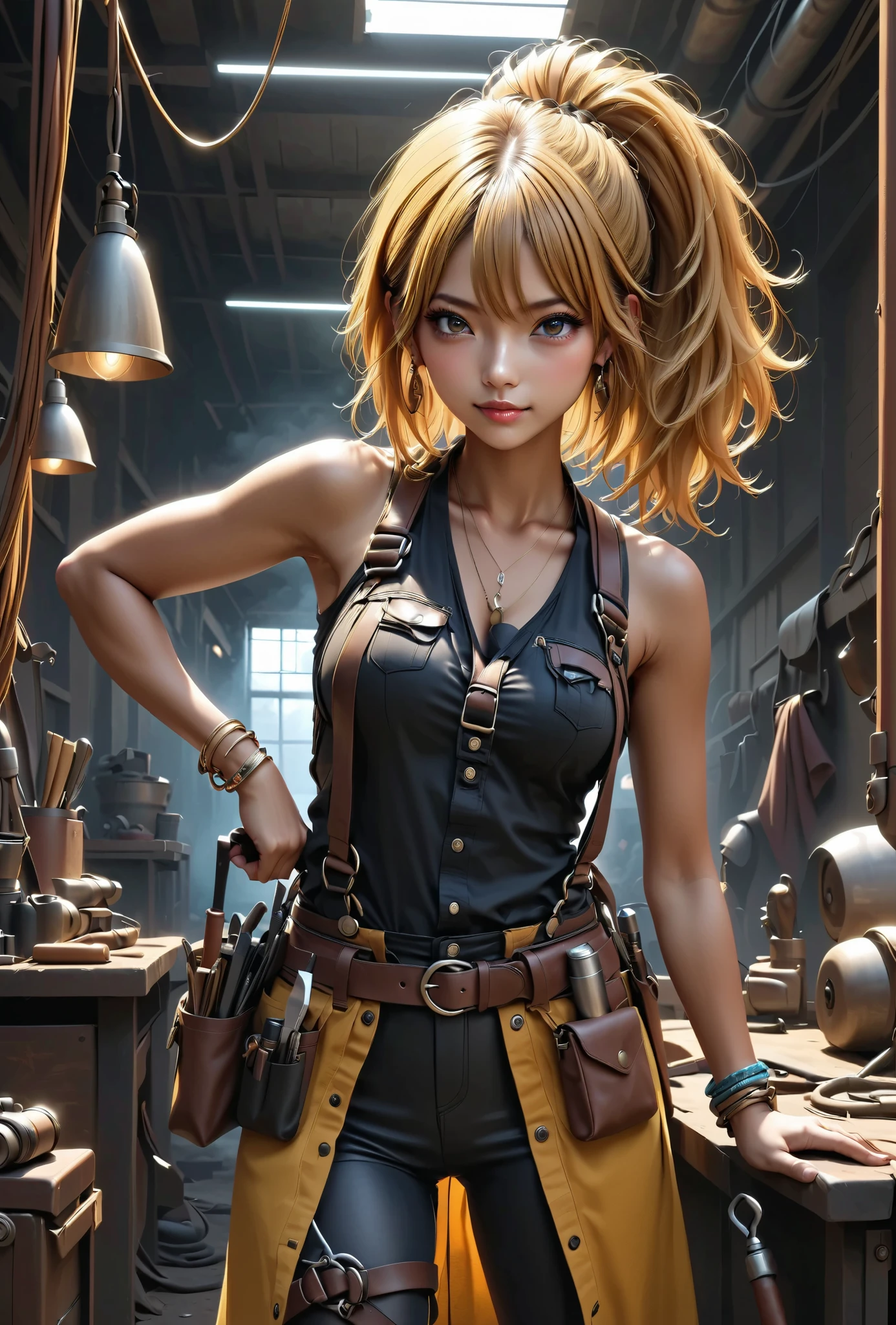 beauty ponytail BLONDE brown skin Black Skin flirtatious attitude evil expression smile looks at you melancholy mood earrings bracelet、 standing 、Tanned Leather Tool Belt Equipped with Lots of Tools Full Harness、Welder、While welding