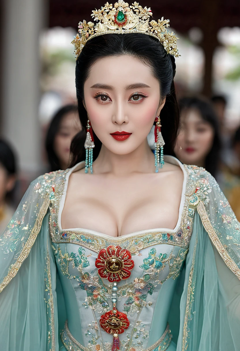 Chinese actress Xu Xun in The Legend of Ruyi (Zhou Xun) A Qing dynasty Empress standing in the foreground, showing her large breasts, her hairy pussy and underbelly, naked without underwear on the cobblestones outside a Chinese palace during the Qing dynasty、Chinese empress hairstyle big crown