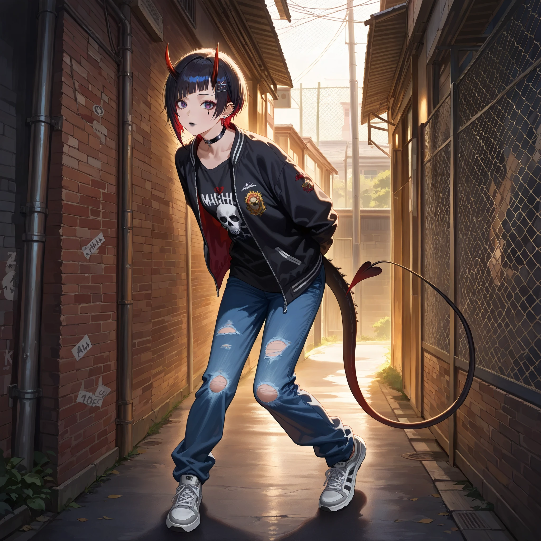 (High CT quality,4k,High resolution,mainpiece:1.1),(Very detailed,Realistic:1.37,Best quality,masterpiece, high resolution,on_body), (Tyndall effect,photorealistic, Edge lighting, Two-color lighting),(high definition skin:1.1), (8K UHD, DSLR quality, soft lighting, high quality, surround lighting, sincere, de 8K , 4K, 8K.) skinny tired girl is belong to emo/goth subculture. She has obsidian black hair with highlighted white strands , she has a wolf haircut and long bangs that hide half of her face. She has a lot of metal hairpins, barrette, hair clips on her bangs. Her eyes are purple. She has black Gothic makeup: black lipstick,black eyeliner and leaking mascara, black eye shadow. She has a lot of piercings and tattoos. On her neak she wears a spiky choker. She is dressed in a gray torn brand T-shirt with a skull print or metallica band, a bomber sport-jacket with set of safety pin and badges, oversized jeans with ripped holes on her knees, and gray sneakers. Her palms is bandaged. on her forehead two obsidian black devil horns,behind her back devilish pointy tail. She is walking around. On background: an alley where the walls are covered with graffiti and the passage is twisted by a chain-link fence. on the background is fogy abandoned city.