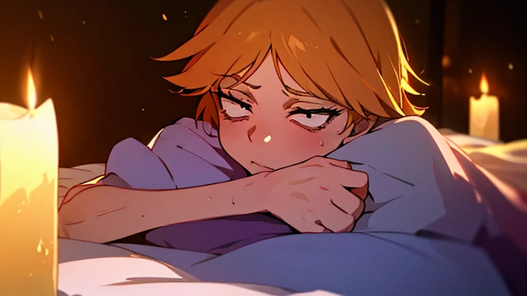 RanmaChan, short red hair, big breasts bouncing, whole body, lying on a bed, lying down, blush, sleeping clothes, silk clothing, toomuch cum, ropa de seda, pijama seda, Sleeping shirt