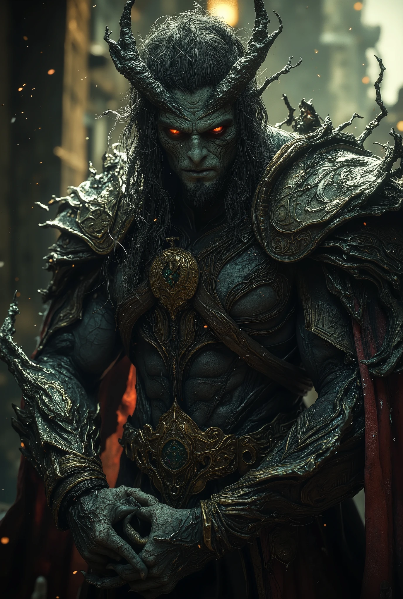 A huge three-meter powerful Drow man with red-purple eyes, long black hair and scarred skin.