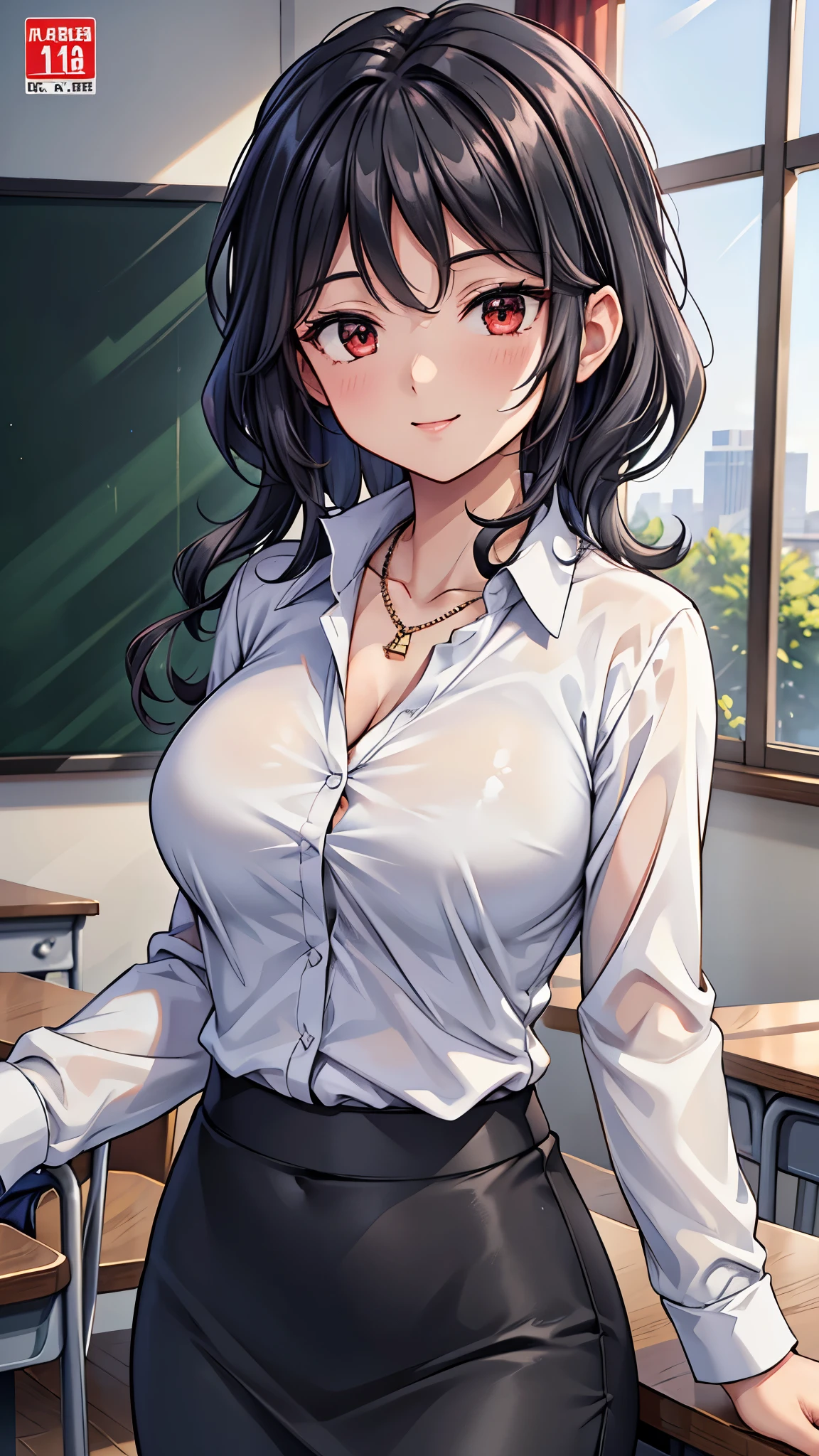 (super quality,super high resolution,16k,Super Masterpiece,Ultra HD ,detailed shading and background,)Photographing the upper body,Sexy Female Teacher ,long black hair,long sleeve white shirt,The Valley of the Chest,necklace,black pencil skirt,cover,smile,In the classroom,