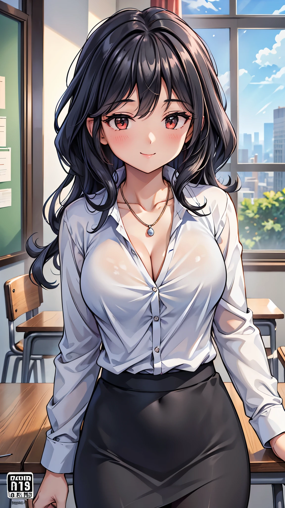 masterpiece, best quality, best lighting, shadows, perfect anatomy, 1 girl, adult anime girl, 21 years old, mature features, showing tits, bitchy face, pretty lips, pretty eyes, black wavy hair, black eyes, seductive eyes, blushing, flirty, pretty smile, tiny red skirt, white tight shirt, classroom background, ass, breast, thighs, seductive, spicy, hot, flirty, nsfw,