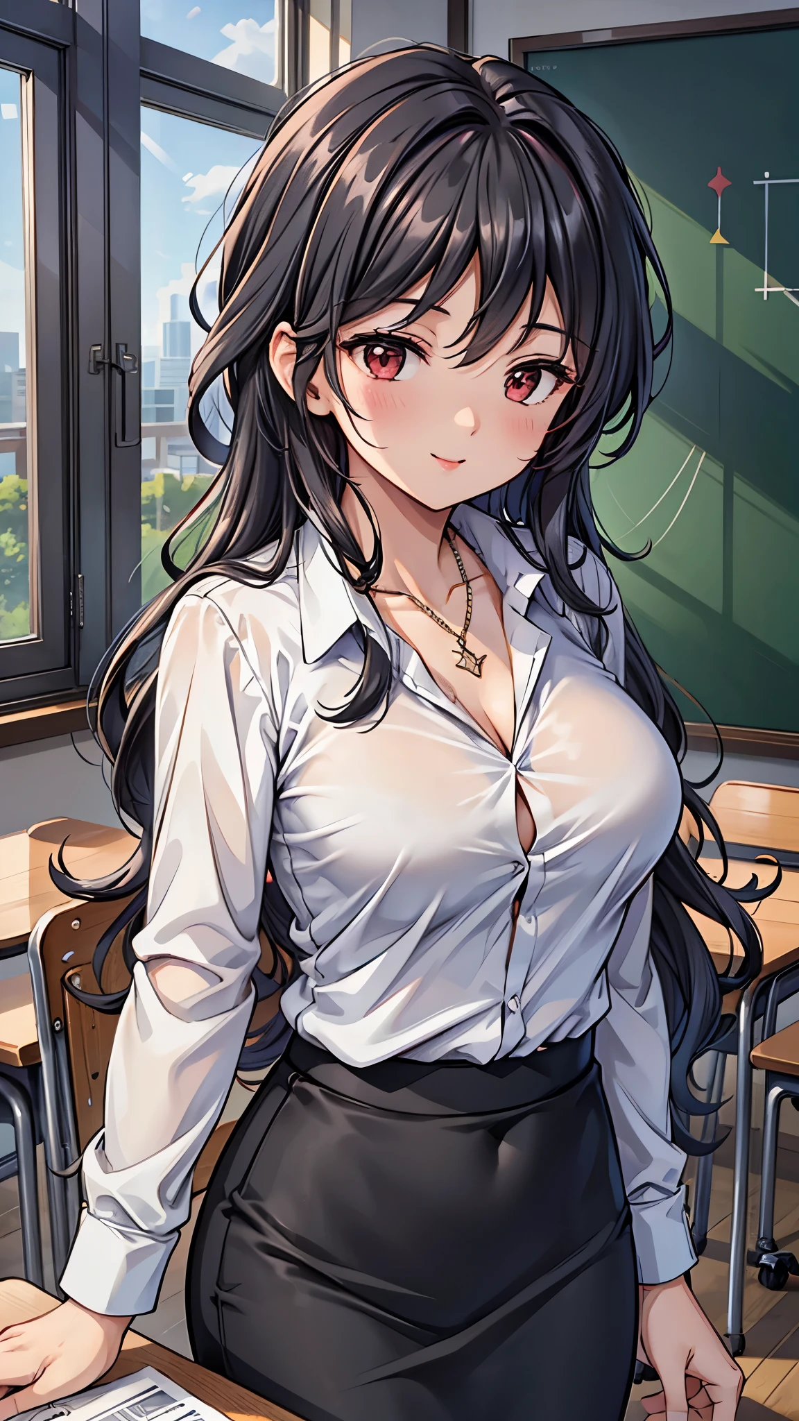 (super quality,super high resolution,16k,Super Masterpiece,Ultra HD ,detailed shading and background,)Photographing the upper body,Sexy Female Teacher ,long black hair,long sleeve white shirt,The Valley of the Chest,necklace,black pencil skirt,cover,smile,In the classroom,