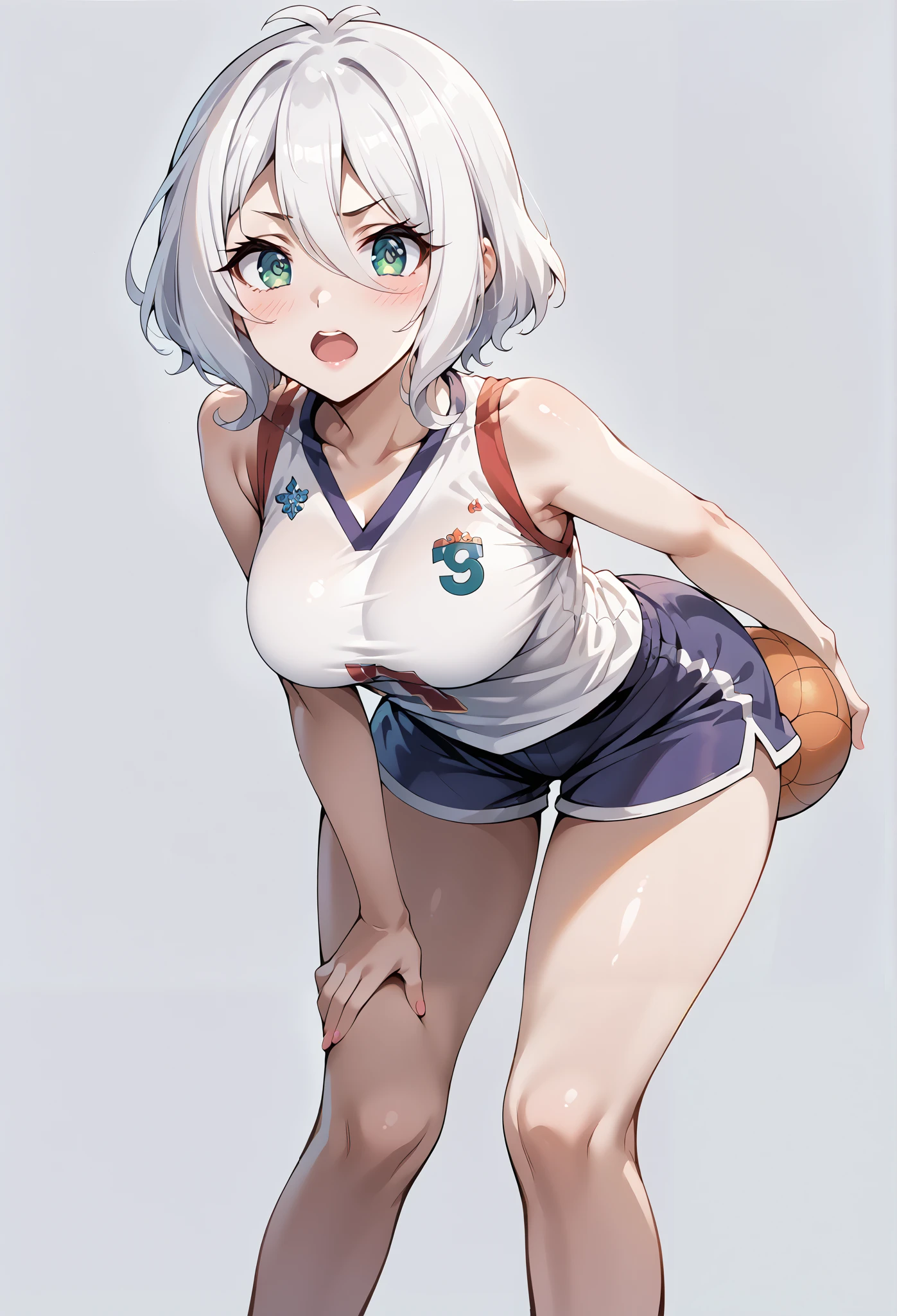 score_9, score_8_up, score_7_up, source_anime, 4K,perfect fingers,(perfect hands, perfect anatomy),prefect lighting, very aesthetic, intricate details,highly detailed background, masterpiece, high quality, best quality, high resolution,
1 girl,solo,Kokoro(Princess Connect, White Hair, large breast,,
wearing ((basketball uniform, basketball jersery, sportswear, jersey, shorts, sleeveless, )) ,,
looking at viewer, ultra-detailed eyes, open mouth, mildly annoyed face, tilted head, ((white plain background)), ((no basketball:1.6)), ((Not Holding a BasketBall:1.5)), low angle, ((leaning forward:1.5)),