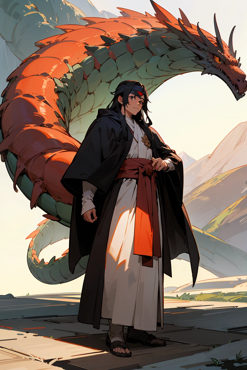 guilty gear, full_body, front view, legs, leg_up, tattoo, flat chest, girl,woman,female, absurdly long hair, wavy hair, hair pulled back, double bun, undercut, two-tone hair, flowing hair, huge ahoge, detailed beautiful face, smug, red dragon eye, fang, medium_breasts, midriff, zettai_ryouiki, red eyes, cross, piercing, (chinese_clothes), puffy_sleeves, miniskirt,skindentation,holding a big fan,skindentation, hood_down, red platform shoes, (white Clothes), chinese style architecture behind, busy street, There is battlefield behind the girl, fighting, highres, extremely detailed CG unity 8k wallpaper, very, precise detailed,((upper_body))