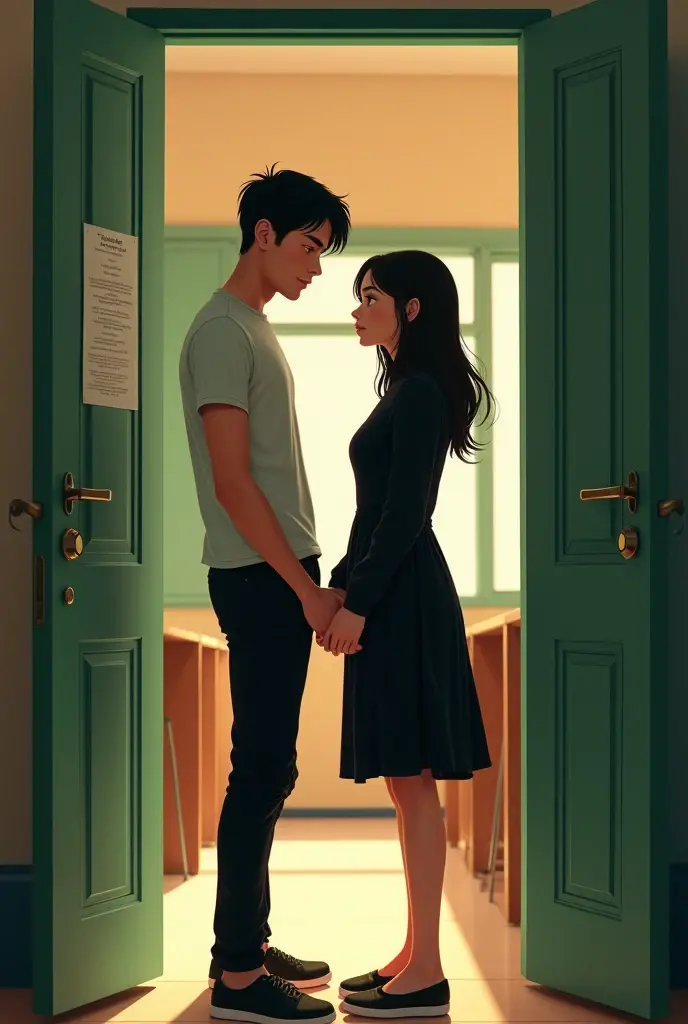 angle is side view of the guy and front view of the girl Drawing a two lovers standing at the school room door the boy is wearing with t-shirt and black slacks and the girl is wearing all black and the door is color green and the room is beige
