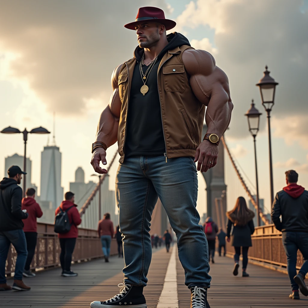 An imposing, big muscular old man stands tall amidst the towering buildings of the metropolis, commanding the scene with his formidable presence, portrait, photography