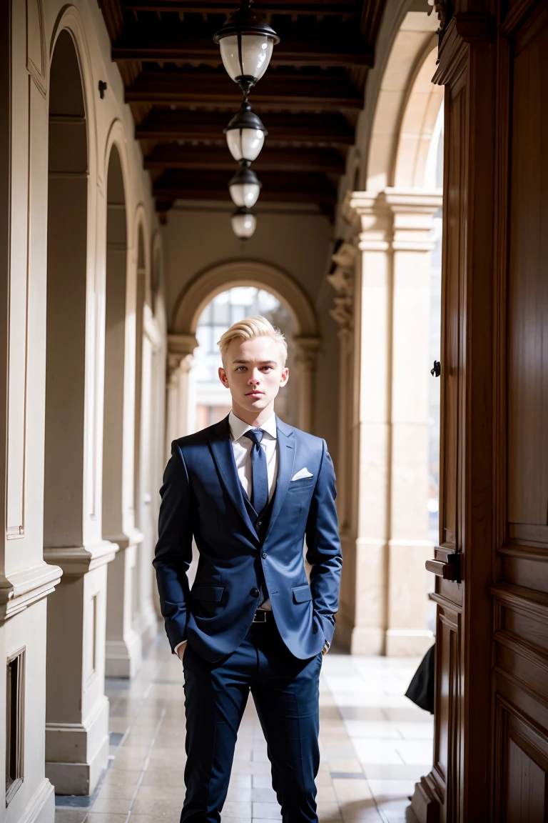 A young man about 19 years old in a suit and tie is standing in the ...