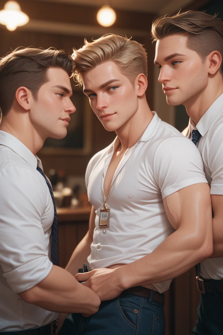 Illustration in Leyendecker style: a muscular, handsome, scantily clad blond admiral, 57 years old, in an unbuttoned and half-removed uniform, fucks in the ass a handsome, muscular, athletic naked red-haired midshipman, a 20-year-old boy