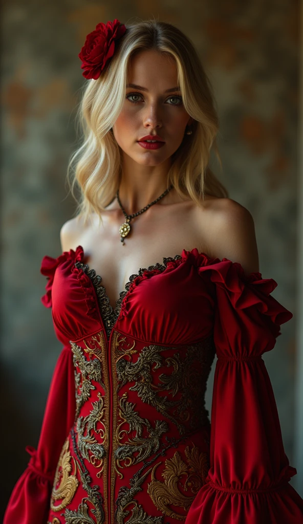 Very very very sexy girl, long braided hair, Detailed facial features, seductive smile, seductive eyes, light make up,  long flowing red/black dress, leg revealing, laced collar, jewellery, necklace, earnings, full body shot,  