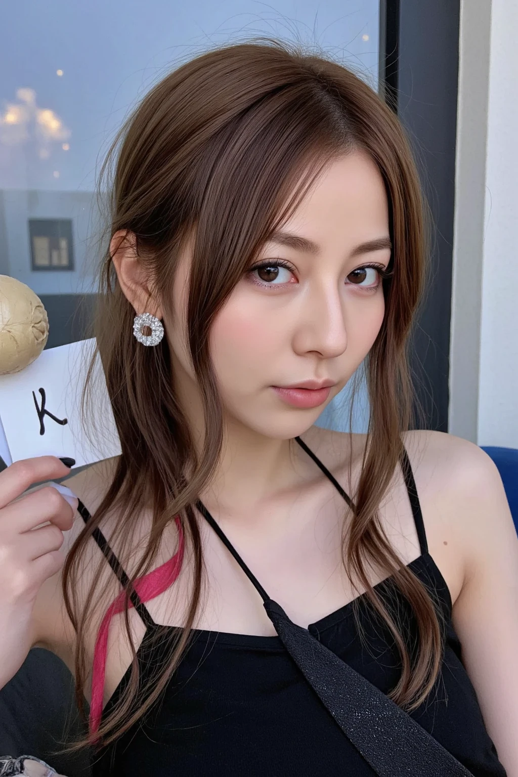 masterpiece, best quality, detail art, HD picture, one very beautiful girl, pale skin, long brown hair with bang, headphones, big eyes, chocker, necklace, sexy colorful bikini, beach background, pierced belly button, wears bracelet and ring, large earrings, sexy, sensual, big eyes, sly smile, big breasts, show cleavage, raise hands, show armpits, sweaty, muscular abs woman, bitchy, naughty, tying hair, NSFW.