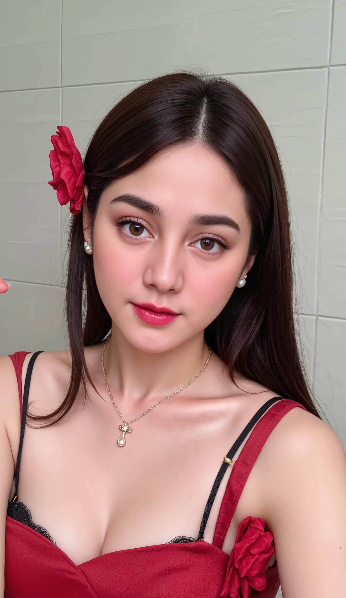 (Masterpiece in maximum 16K resolution:1.6), (intricate detail:1.4), (extremely insane detail:1.4),(highest quality:1.3) |  "A young woman with long, sleek black hair poses for a close-up selfie with a gentle smile. She wears a red dress with delicate black straps, adorned with fabric flower accents. A matching red flower decorates her hair on the left side. Her makeup features soft brown eyeshadow, well-defined eyebrows, and glossy pink lipstick. She wears pearl earrings and a dainty gold necklace with a small bow-shaped pendant. The background consists of a neutral-toned tiled wall, providing a simple yet elegant contrast to her vibrant outfit. | (A pretty female ):1.3), {The camera is positioned very close to her, revealing her entire body as she adopts a dynamic_pose, boldly moving around the scene in an exciting way} | She is adopting a ((dynamic_pose as interacts, boldly moving a exciting way):1.3), ((perfect_pose)), ((perfect_pose):1.5), (((full body))), ((perfect_fingers, better_hands, perfect_hands, perfect_legs)), ((perfect_fingers, better_hands, perfect_hands, perfect_legs):0.7), (((More_Detail)))..