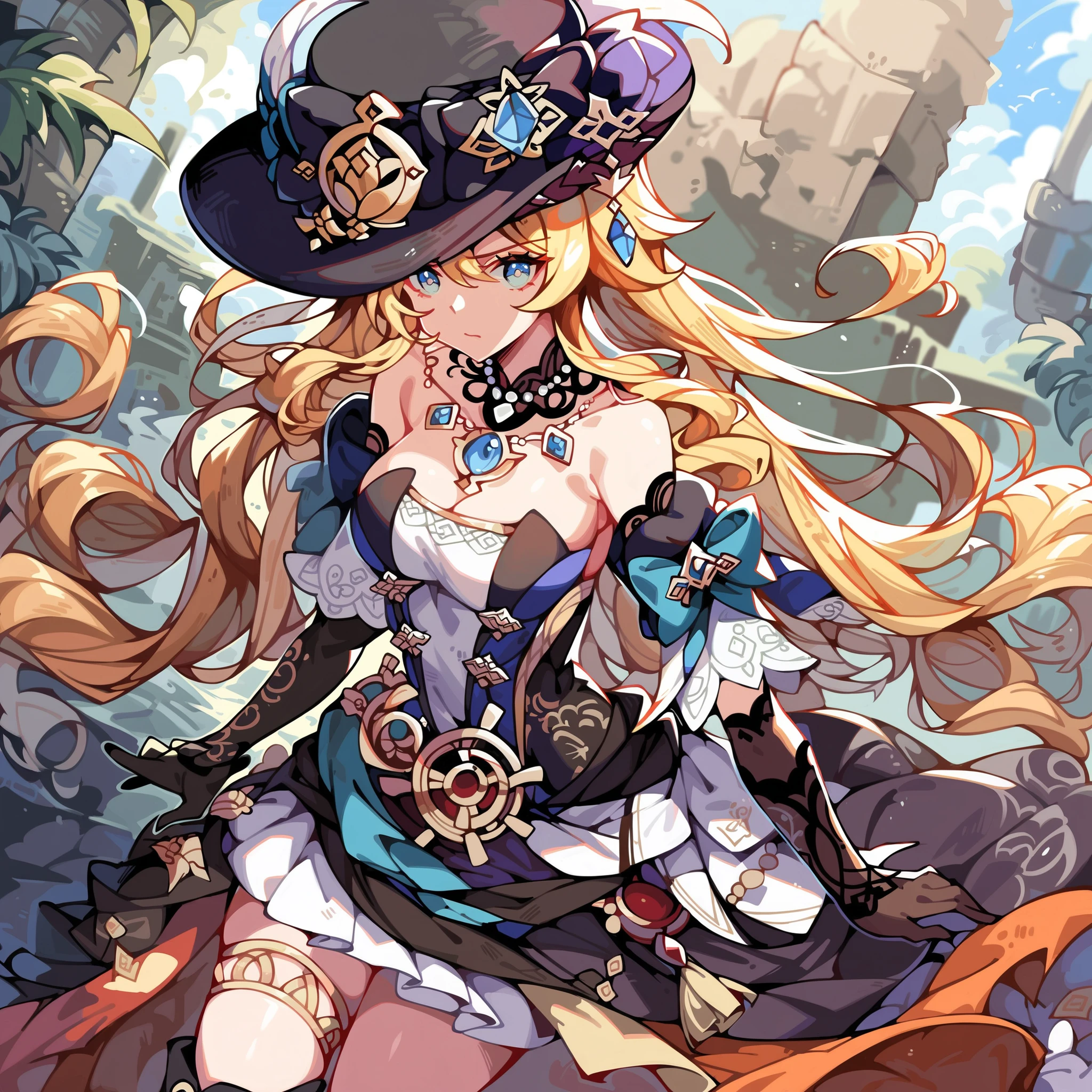 score_9, score_8_up, score_7_up, 1 girl, Boat \(Genshin Impact for Gochu\), solo, fancy hat, knee-high boots, Detachable Sleeves, single gloves, strapless dress, detachable collar, Showgirl Skirt, necklace, waist cape, cowboy shot, is standing, watching viewers rip their polka dot bikinis, serious expression, ruins,, depth of field,