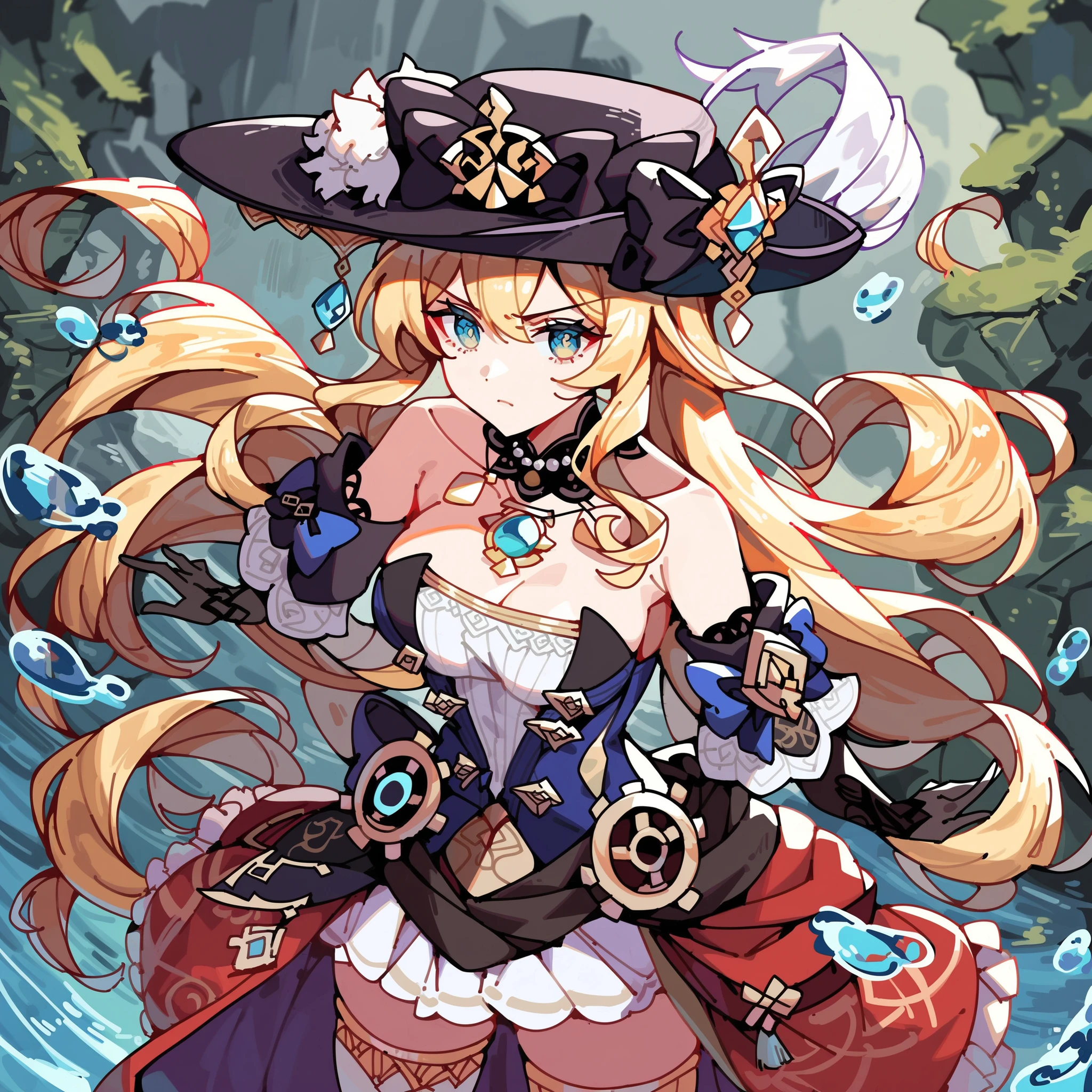 score_9, score_8_up, score_7_up, 1 girl, Boat \(Genshin Impact for Gochu\), solo, fancy hat, knee-high boots, Detachable Sleeves, single gloves, strapless dress, detachable collar, Showgirl Skirt, necklace, waist cape, cowboy shot, is standing, watching viewers rip their polka dot bikinis, serious expression, ruins,, depth of field, 