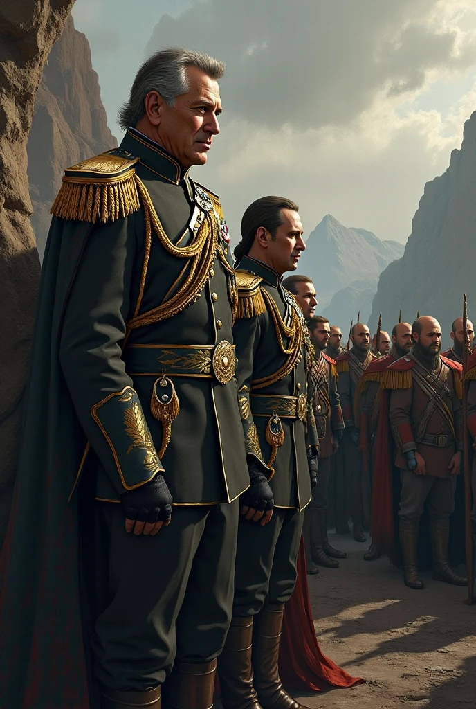 (masterpiece, HDR, realistic:1.3), King Alaric I, battle-scarred and weary, (traditional Germanic attire of 400 AD:1.2), fur-trimmed cloak, worn armor, surrounded by Roman officials, within the ancient city of Rome, 5th century, historical backdrop, decaying structures, (ancient parchments and scrolls:1.4), illustrating the terms of surrender, high dynamic range, capturing the war-torn setting, dark, somber atmosphere, cool tones, intense negotiation, looking towards the future.