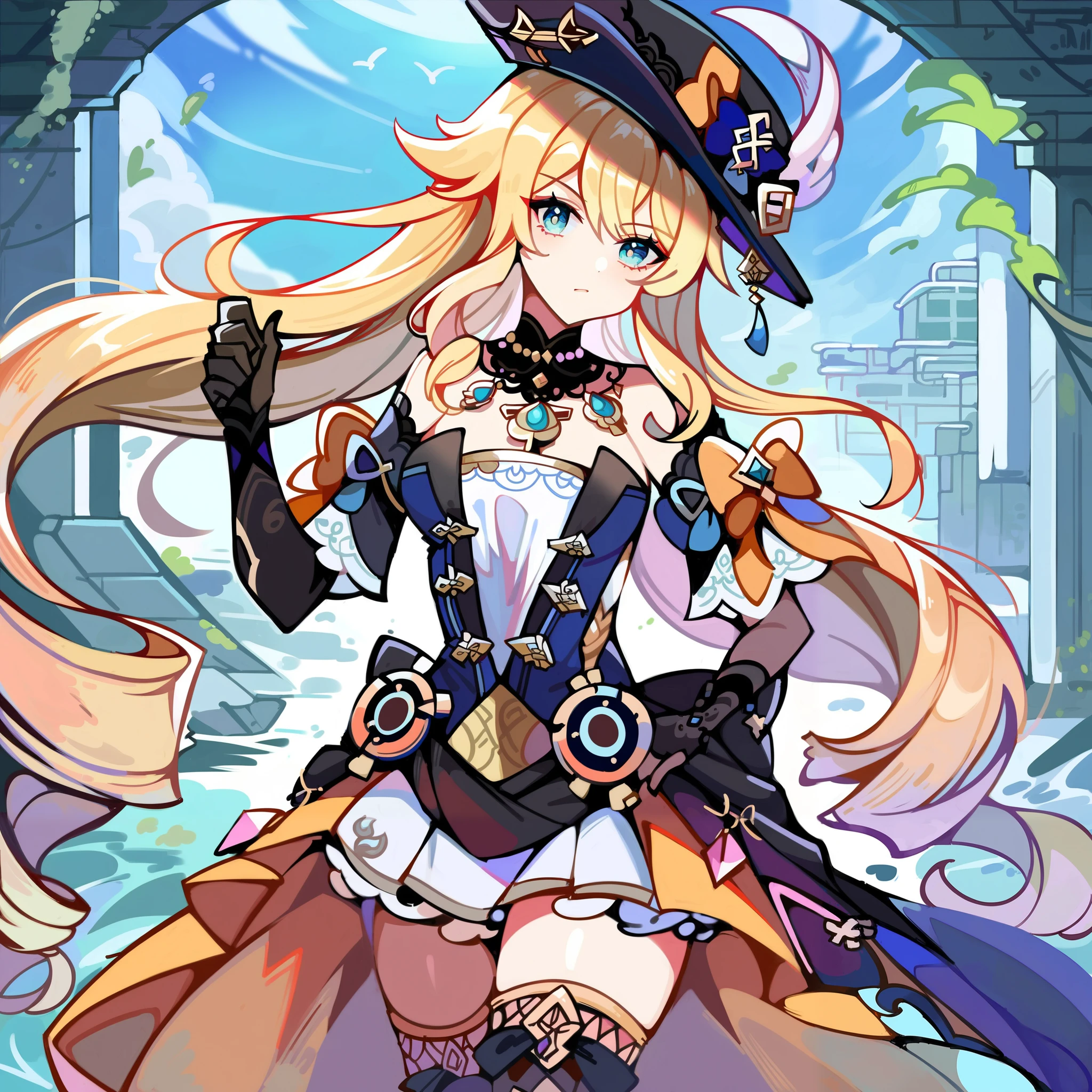 score_9, score_8_up, score_7_up, 1 girl, Boat \(Genshin Impact for Gochu\), solo, fancy hat, knee-high boots, Detachable Sleeves, single gloves, strapless dress, detachable collar, Showgirl Skirt, necklace, waist cape, cowboy shot, is standing, watching viewers rip their polka dot bikinis, serious expression, ruins