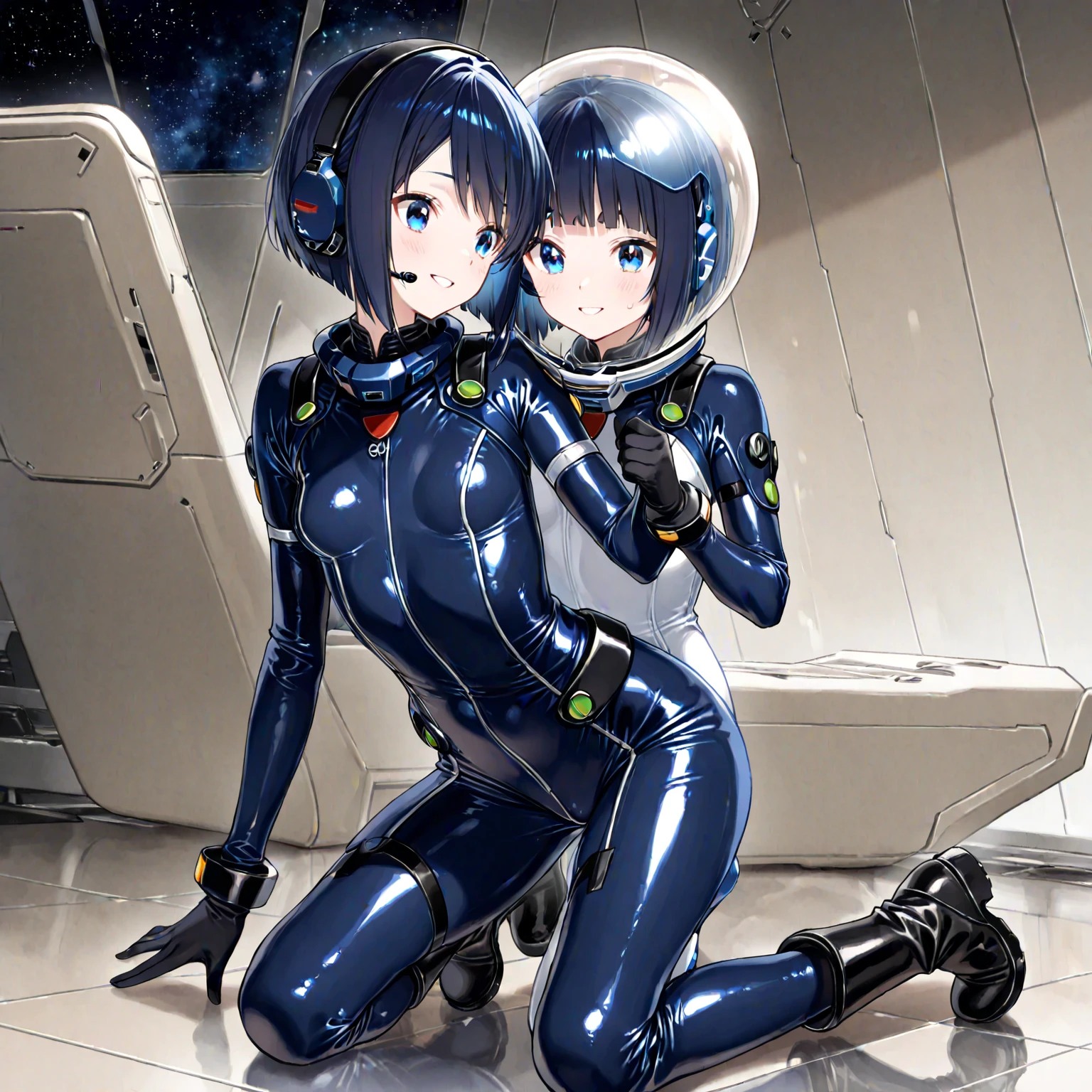 2 girl, space helmet, bubble helmet,, eva helm 2girls,looking at others, ,(blushing),ahegao, ,nude, room, 2girls, saliva trail,SHORT HAIR, SPACE HELMET