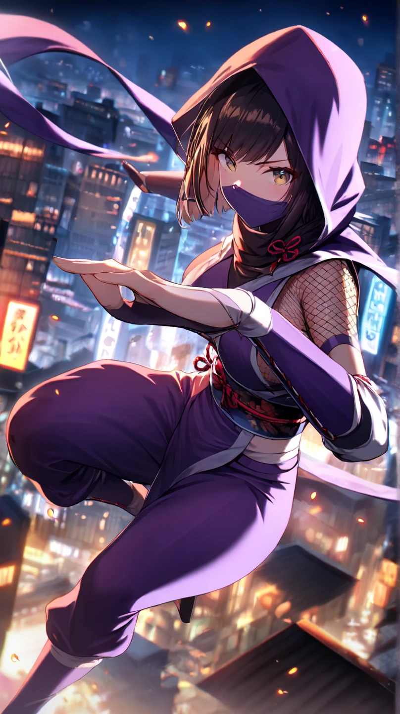 yuukikonno, Yuki Konno, hair band, Long Hair, Pointed Ears, Purple Hair, (Red eyes:1.5), (Small breasts:1.2),Hooded,Cover your mouth with a black scarf,strict,black Ninja uniform,Ninja,black Ninja pants,short boots,Action pose,Overlooking the city from the roof of the building,moon,moon明かり,night,moon光,whole bodyがイラストに入るように,
break looking at viewer, whole body,
break outdoors ,Medieval European-style building,
break (masterpiece:1.2), Highest quality, High resolution, unity 8k wallpaper, (shape:0.8), (Beautiful and beautiful eyes:1.6), Highly detailed face, Perfect lighting, Extremely detailed CG, (Perfect hands, Perfect Anatomy),