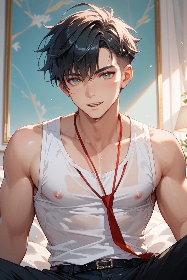 cute 16 year old boy blue eyes gray hair he is getting dressed sitting on the bed he just got up he is a little scared surprised he is talking to someone
