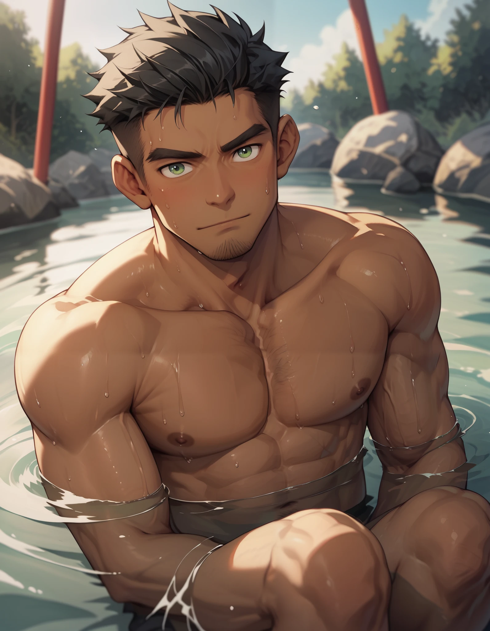 Best quality、solo, man, I'm wearing a yukata、(father:1.3) 、 manly、Age 30、 muscularity、 brown skin、Hairy、 muscularity、crew cut、 black hair 、 pale green eyes 、(sweat:1.3), naked, bathing in river