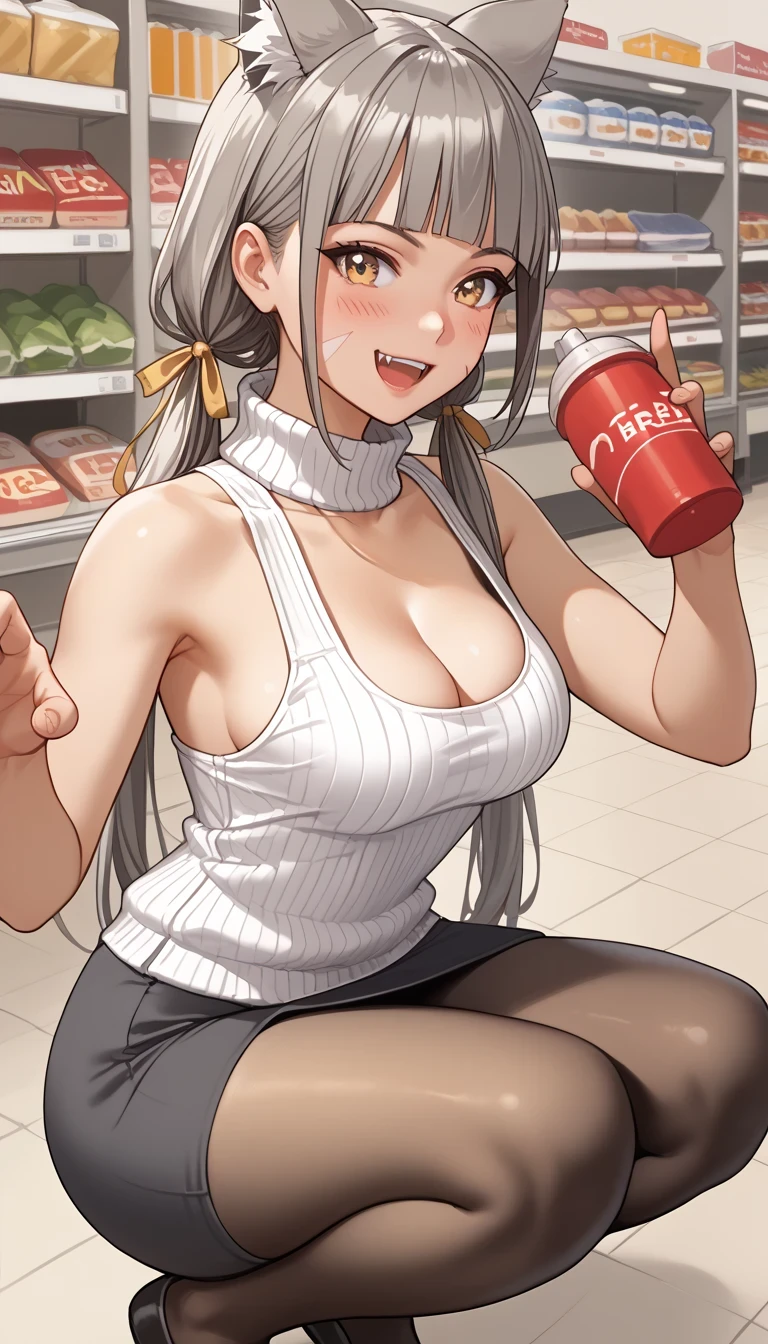 score_9, score_8_up, score_7_up, source_anime、top quality in the classroom、8k、 masterpiece、Ultra High Precision、 natural light、perfect anatomy from a shellfish、 perfect eye、beautiful eyes、one woman、medium breasts、saggy breasts:1.6、Baby Face、blDnia , cat ears, grey hair, low twintails, very long hair, blunt bangs, facial mark, hair ribbon, ((cleavage,side boob)) (sleeveless rib knit sweater、 high neck、tight pencil skirt、pantyhose)、(embarrassed:1.3、happy)、((supermarket))、Crouching pose
