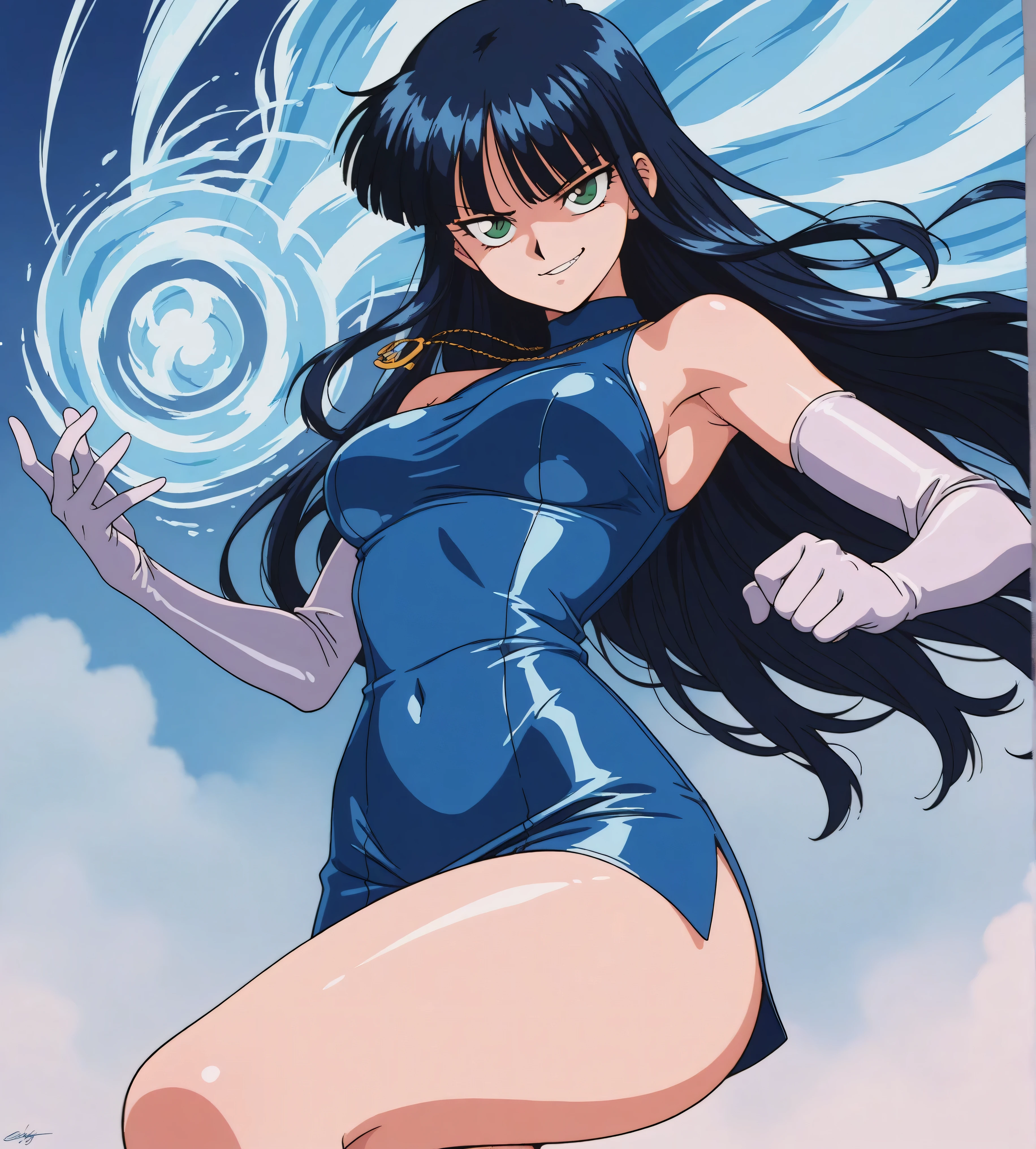 masterpiece, best quality, highres, 1girl, solo, superhero, leotard, blue and white leotard, bare legs, brown hair, short hair, brown eyes, hairband, medium hair, ribbon, boots, matching boots, blue boots, medium breasts, cowboy shot, standing, city backdrop, haruhi suzumiya, kyoani haruhi style, sleeveless, tornado spin, spin, twirl, wind particles, light particles, swirls, tornado swirls,