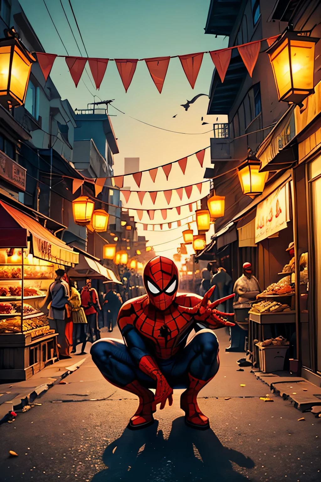 "Spider-Man (MCU Tom Holland style) crouching playfully in a vibrant Egyptian street at dusk during Ramadan, surrounded by laughing ren in traditional clothes (galabiyas and hijabs). The scene is festive—lanterns (fanoos), colorful banners, and strings of lights illuminate the background. A street vendor sells dates and kunafa nearby. Spider-Man high-fives a while another tugs on his web-shooter. Warm golden hour lighting, hyper-detailed, cinematic Marvel poster style. The atmosphere is joyful and cultural, blending superhero action with Ramadan traditions."