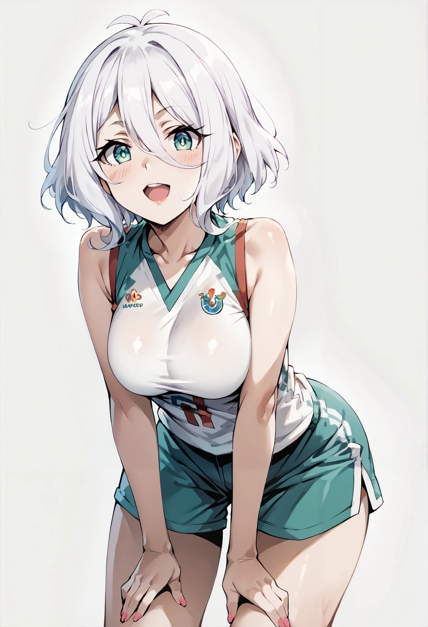 score_9, score_8_up, score_7_up, source_anime, 4K,perfect fingers,(perfect hands, perfect anatomy),prefect lighting, very aesthetic, intricate details,highly detailed background, masterpiece, high quality, best quality, high resolution,
1 girl,solo,Kokoro(Princess Connect, White Hair, large breast,,
wearing ((basketball uniform, basketball jersery, sportswear, jersey, shorts, sleeveless, )) ,,
looking at viewer, ultra-detailed eyes, open mouth, mildly annoyed face, tilted head, ((white plain background)), low angle, ((leaning forward:1.5)), ((no ball:1.7)),