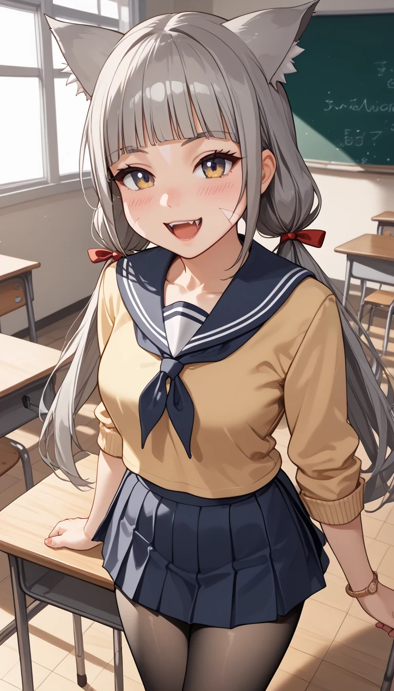 score_9, score_8_up, score_7_up, source_anime、top quality in the classroom、8k、 masterpiece、Ultra High Precision、 natural light、perfect anatomy from a shellfish、 perfect eye、beautiful eyes、one woman、medium chest、saggy breasts:1.6、Baby Face、blDnia , cat ears, grey hair, low twintails, very long hair, blunt bangs, facial mark, hair ribbon, (school building、blazers、mini skirt、pantyhose)、(embarrassing:1.6、happy)、((school classroom))、 stand and pose